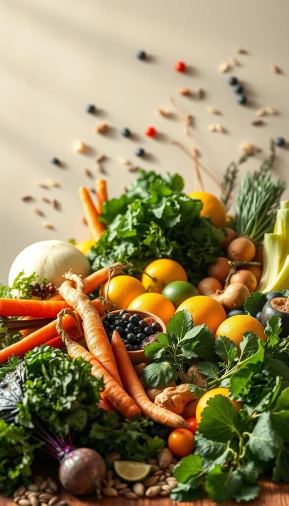 A vibrant still life arrangement of a variety of wholesome detoxifying foods, bathed in warm, natural lighting. In the foreground, a selection of leafy greens like kale, spinach, and arugula, complemented by colorful roots such as beets, carrots, and ginger. In the middle ground, an assortment of citrus fruits like lemons, limes, and oranges, along with berries and figs. In the background, a smattering of seeds, nuts, and herbs, all set against a soft, ethereal backdrop that captures the calming, rejuvenating essence of the scene. Rendered in a spiritual, dreamlike style that evokes a sense of purity and renewal. A vibrant still life arrangement of a variety of wholesome detoxifying foods, bathed in warm, natural lighting. In the foreground, a selection of leafy greens like kale, spinach, and arugula, complemented by colorful roots such as beets, carrots, and ginger. In the middle ground, an assortment of citrus fruits like lemons, limes, and oranges, along with berries and figs. In the background, a smattering of seeds, nuts, and herbs, all set against a soft, ethereal backdrop that captures the calming, rejuvenating essence of the scene. Rendered in a spiritual, dreamlike style that evokes a sense of purity and renewal.