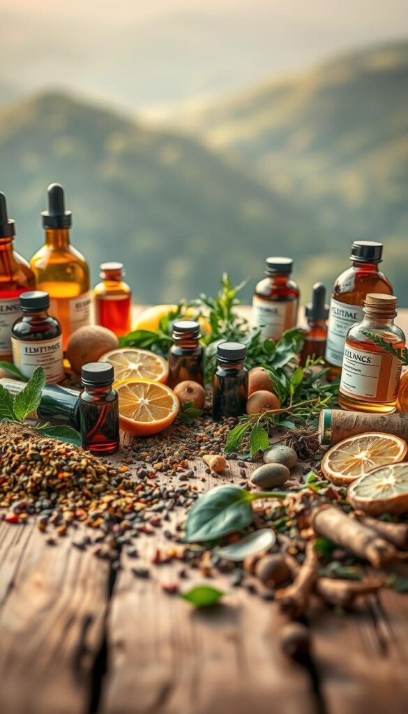 A vibrant still life of natural health supplements arranged on a rustic wooden table, illuminated by warm, soft lighting and captured from a low angle. In the foreground, an array of amber glass bottles, herbal tinctures, and dried herbs spill across the surface, conveying an earthy, organic aesthetic. In the middle ground, a scattering of whole foods such as citrus fruits, leafy greens, and roots lend a sense of freshness and vitality. The background features a blurred, ethereal landscape, hinting at the connection between the natural world and holistic wellness. The overall mood is one of balance, tranquility, and the restorative power of nature. A vibrant still life of natural health supplements arranged on a rustic wooden table, illuminated by warm, soft lighting and captured from a low angle. In the foreground, an array of amber glass bottles, herbal tinctures, and dried herbs spill across the surface, conveying an earthy, organic aesthetic. In the middle ground, a scattering of whole foods such as citrus fruits, leafy greens, and roots lend a sense of freshness and vitality. The background features a blurred, ethereal landscape, hinting at the connection between the natural world and holistic wellness. The overall mood is one of balance, tranquility, and the restorative power of nature.