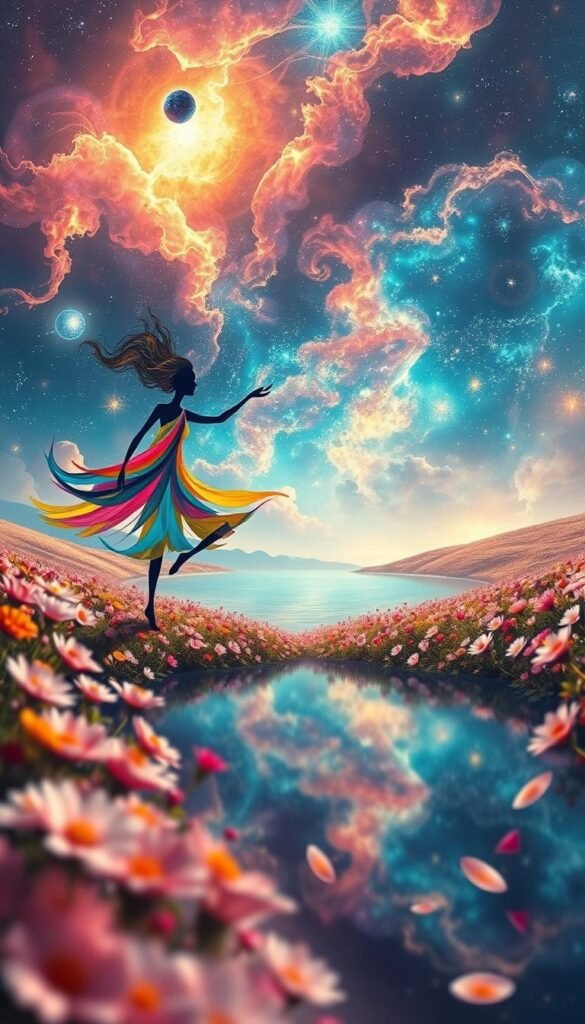 A vibrant, surreal landscape showcasing the creative energy of Destiny Number 3. In the foreground, a whimsical figure composed of swirling brushstrokes and vivid hues dances amidst a field of blooming flowers. The middle ground features a tranquil, reflective pool, its surface mirroring the dance of light and color. In the background, a majestic, cosmic skyscape pulses with nebulae and celestial phenomena, evoking a sense of boundless imagination and spiritual connection. Soft, warm lighting bathes the scene, creating an ethereal, meditative atmosphere. The overall composition conveys the joy, expressiveness, and intuitive nature of the Destiny Number 3 energy. A vibrant, surreal landscape showcasing the creative energy of Destiny Number 3. In the foreground, a whimsical figure composed of swirling brushstrokes and vivid hues dances amidst a field of blooming flowers. The middle ground features a tranquil, reflective pool, its surface mirroring the dance of light and color. In the background, a majestic, cosmic skyscape pulses with nebulae and celestial phenomena, evoking a sense of boundless imagination and spiritual connection. Soft, warm lighting bathes the scene, creating an ethereal, meditative atmosphere. The overall composition conveys the joy, expressiveness, and intuitive nature of the Destiny Number 3 energy.