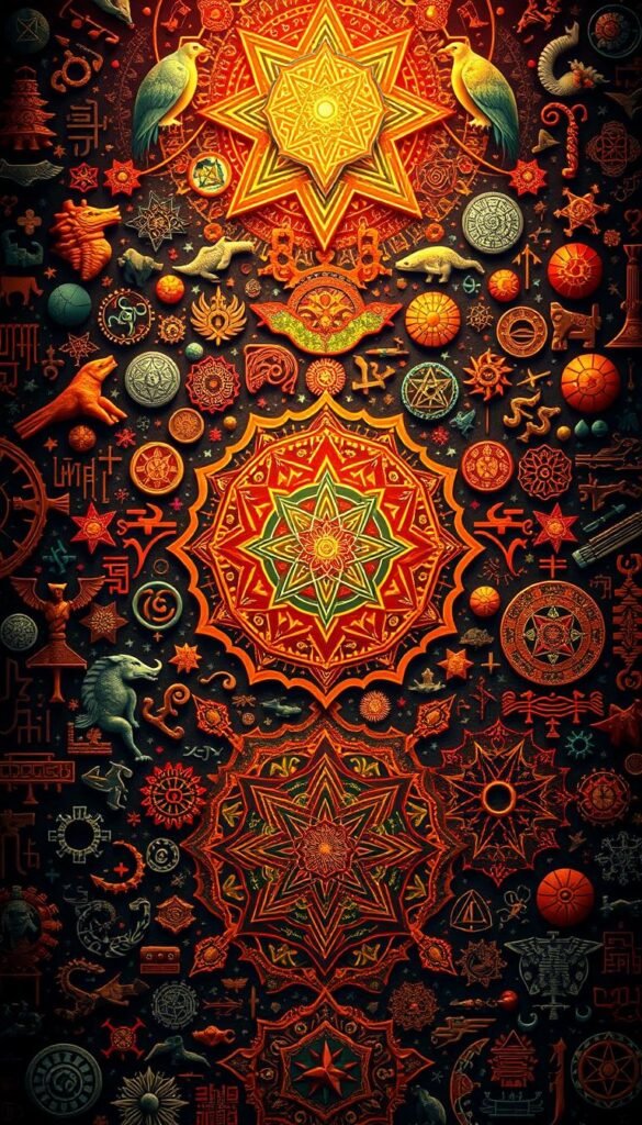 A vibrant tapestry of archetypal symbols from diverse cultures, illuminated by warm, ethereal lighting. In the foreground, a mosaic of mystical icons - ancient glyphs, sacred geometry, and totemic animals. The middle ground reveals intricate mandalas and interlocking patterns, their symmetry evoking a sense of cosmic harmony. In the background, a kaleidoscopic array of symbolic motifs - celestial orbs, elemental forces, and spiritual iconography - all converging to create a visually captivating representation of the universal language of symbols across human civilizations. A vibrant tapestry of archetypal symbols from diverse cultures, illuminated by warm, ethereal lighting. In the foreground, a mosaic of mystical icons - ancient glyphs, sacred geometry, and totemic animals. The middle ground reveals intricate mandalas and interlocking patterns, their symmetry evoking a sense of cosmic harmony. In the background, a kaleidoscopic array of symbolic motifs - celestial orbs, elemental forces, and spiritual iconography - all converging to create a visually captivating representation of the universal language of symbols across human civilizations.