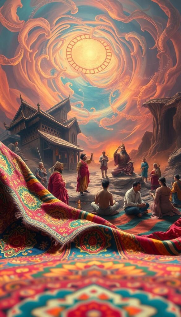 A vibrant, visually-striking composition depicting the cultural diversity of dream interpretation practices. In the foreground, a richly-colored tapestry unfurls, showcasing symbolic motifs and patterns from various global traditions. The middle ground features a group of dreamers from diverse backgrounds, each engaged in their own unique rituals and techniques for understanding the subconscious. The background is a swirling, ethereal landscape, bathed in warm, spiritual hues and intertwined with abstract, energetic forms. Soft, diffused lighting illuminates the scene, creating a sense of mystery and introspection. Capture this scene through a cinematic, wide-angle lens, conveying a sense of wonder and the expansive nature of humanity's collective dream experiences. A vibrant, visually-striking composition depicting the cultural diversity of dream interpretation practices. In the foreground, a richly-colored tapestry unfurls, showcasing symbolic motifs and patterns from various global traditions. The middle ground features a group of dreamers from diverse backgrounds, each engaged in their own unique rituals and techniques for understanding the subconscious. The background is a swirling, ethereal landscape, bathed in warm, spiritual hues and intertwined with abstract, energetic forms. Soft, diffused lighting illuminates the scene, creating a sense of mystery and introspection. Capture this scene through a cinematic, wide-angle lens, conveying a sense of wonder and the expansive nature of humanity's collective dream experiences.