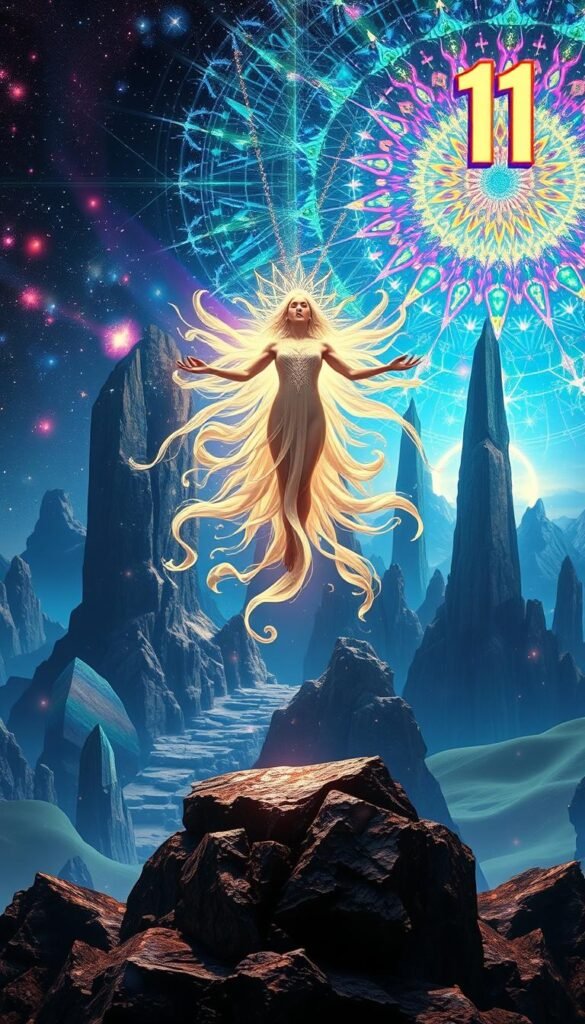 A visually captivating scene showcasing the mystical significance of master number 11. In the foreground, a serene and ethereal figure levitates, radiating an aura of enlightenment and intuition. Intricate geometric patterns and celestial elements swirl around the figure, reflecting the transformative nature of this spiritual archetype. The middle ground features a majestic, crystalline landscape, with towering, faceted structures that symbolize the intuitive vision and transformative power of the number 11. In the background, a kaleidoscopic display of vibrant, iridescent hues and shimmering light conveys the visionary and transcendent qualities of this master number. The overall mood is one of deep introspection, mystical wonder, and the pursuit of higher consciousness. A visually captivating scene showcasing the mystical significance of master number 11. In the foreground, a serene and ethereal figure levitates, radiating an aura of enlightenment and intuition. Intricate geometric patterns and celestial elements swirl around the figure, reflecting the transformative nature of this spiritual archetype. The middle ground features a majestic, crystalline landscape, with towering, faceted structures that symbolize the intuitive vision and transformative power of the number 11. In the background, a kaleidoscopic display of vibrant, iridescent hues and shimmering light conveys the visionary and transcendent qualities of this master number. The overall mood is one of deep introspection, mystical wonder, and the pursuit of higher consciousness.