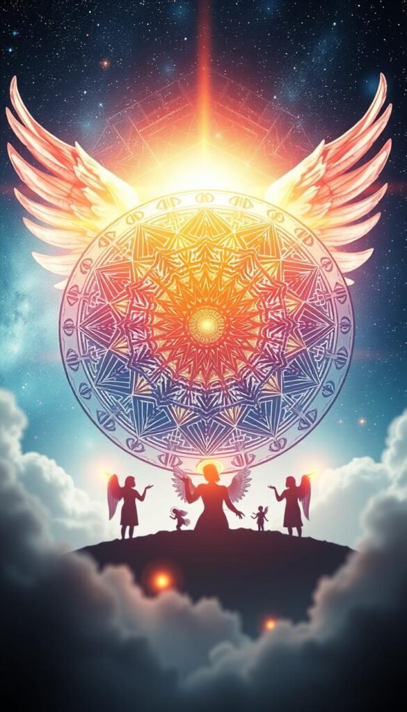 A visually striking image depicting the common angel numbers and their symbolic meanings. In the foreground, a vibrant celestial mandala with intricate geometric patterns representing the numerical archetypes, illuminated by a warm, ethereal light. In the middle ground, angelic silhouettes and glowing orbs, gesturing towards the numerological significances. The background a dreamlike, starry sky, evoking a sense of mysticism and divine connection. Soft, brushed textures and a hazy, spiritual color palette convey the mood of inner guidance and transcendental understanding. Capture this visionary scene with a wide-angle lens, using dramatic lighting and a shallow depth of field to draw the viewer's focus to the central numerological elements. A visually striking image depicting the common angel numbers and their symbolic meanings. In the foreground, a vibrant celestial mandala with intricate geometric patterns representing the numerical archetypes, illuminated by a warm, ethereal light. In the middle ground, angelic silhouettes and glowing orbs, gesturing towards the numerological significances. The background a dreamlike, starry sky, evoking a sense of mysticism and divine connection. Soft, brushed textures and a hazy, spiritual color palette convey the mood of inner guidance and transcendental understanding. Capture this visionary scene with a wide-angle lens, using dramatic lighting and a shallow depth of field to draw the viewer's focus to the central numerological elements.