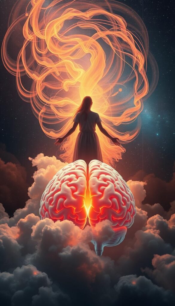 A visually striking scientific illustration depicting the phenomenon of precognitive dreams. In the foreground, an ethereal figure emerges from swirling clouds of data, representing the insights gleaned from analyzing patterns in dreams that foreshadow future events. The middle ground showcases a brain model, its neural pathways illuminated with a soft, pulsing glow, hinting at the neurological mechanisms underlying this extraordinary ability. In the background, a starry night sky provides a contemplative, cosmic backdrop, suggesting the transcendent nature of this phenomenon. Warm, vibrant colors and a sense of mystery and wonder permeate the scene, capturing the scientific evidence and spiritual implications of precognitive dreams. A visually striking scientific illustration depicting the phenomenon of precognitive dreams. In the foreground, an ethereal figure emerges from swirling clouds of data, representing the insights gleaned from analyzing patterns in dreams that foreshadow future events. The middle ground showcases a brain model, its neural pathways illuminated with a soft, pulsing glow, hinting at the neurological mechanisms underlying this extraordinary ability. In the background, a starry night sky provides a contemplative, cosmic backdrop, suggesting the transcendent nature of this phenomenon. Warm, vibrant colors and a sense of mystery and wonder permeate the scene, capturing the scientific evidence and spiritual implications of precognitive dreams.