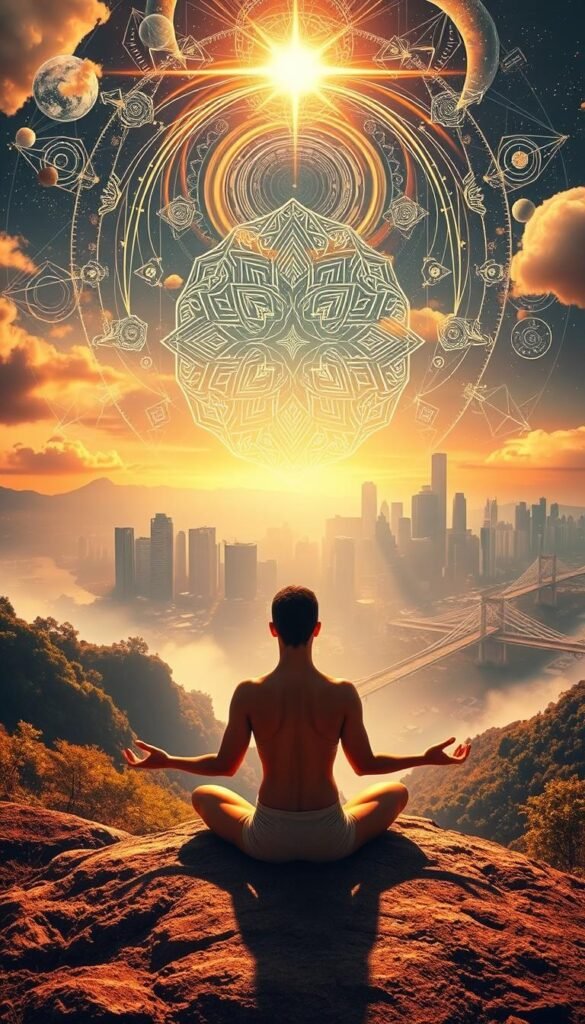 A visually striking spiritual landscape depicting the "Law of Attraction" in action. In the foreground, a serene human figure meditates, hands outstretched, radiating positive energy. Swirling celestial patterns and intricate geometric shapes fill the middle ground, symbolizing the interconnectedness of all things. In the background, a dreamlike cityscape with gleaming skyscrapers and bridges appears, hinting at the manifestation of desires. Warm, saturated colors create a sense of harmony and balance. Soft, diffused lighting casts a contemplative mood, while a wide-angle lens captures the expansive, transformative nature of the Law of Attraction. A visually striking spiritual landscape depicting the "Law of Attraction" in action. In the foreground, a serene human figure meditates, hands outstretched, radiating positive energy. Swirling celestial patterns and intricate geometric shapes fill the middle ground, symbolizing the interconnectedness of all things. In the background, a dreamlike cityscape with gleaming skyscrapers and bridges appears, hinting at the manifestation of desires. Warm, saturated colors create a sense of harmony and balance. Soft, diffused lighting casts a contemplative mood, while a wide-angle lens captures the expansive, transformative nature of the Law of Attraction.