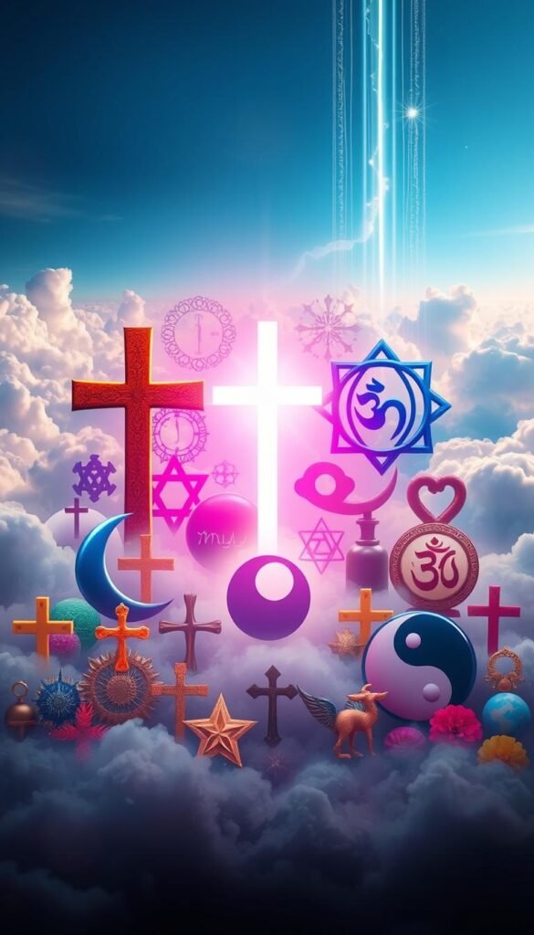 A visually stunning collage of the most iconic religious symbols, set against a serene and ethereal backdrop. In the foreground, a vibrant display of symbols including the cross, crescent moon, Star of David, Om, and Yin Yang, all rendered in vivid, saturated colors. The middle ground features a soft, diffused light source, casting a warm, spiritual glow over the scene. In the background, a dreamlike landscape of clouds, cascading light, and a subtle celestial element, evoking a sense of transcendence and the divine. The overall composition strikes a balance between the tangible symbols of faith and the intangible qualities of spirituality, creating a visually captivating and thought-provoking image. A visually stunning collage of the most iconic religious symbols, set against a serene and ethereal backdrop. In the foreground, a vibrant display of symbols including the cross, crescent moon, Star of David, Om, and Yin Yang, all rendered in vivid, saturated colors. The middle ground features a soft, diffused light source, casting a warm, spiritual glow over the scene. In the background, a dreamlike landscape of clouds, cascading light, and a subtle celestial element, evoking a sense of transcendence and the divine. The overall composition strikes a balance between the tangible symbols of faith and the intangible qualities of spirituality, creating a visually captivating and thought-provoking image.