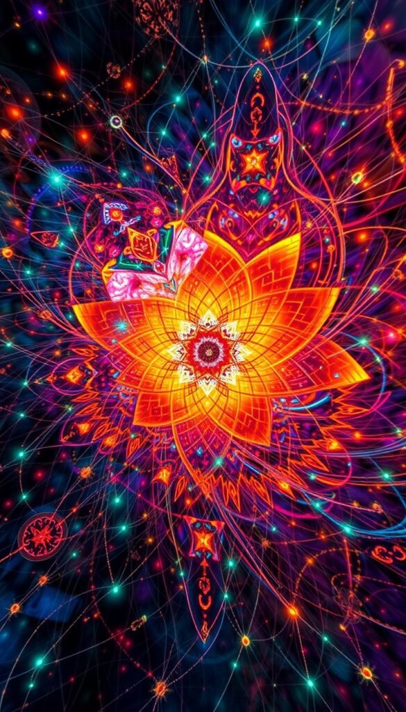 A vivid and abstract depiction of pattern recognition in the mind, showcasing a kaleidoscopic array of geometric shapes, lines, and colors that converge and diverge, creating a mesmerizing and intricate visual representation of the complex neural processes involved in recognizing patterns. The foreground features a central focal point of luminous, pulsating energy, surrounded by a swirling vortex of vibrant hues and ethereal, fractal-like structures. The middle ground is filled with intricate, interconnected webs of lines and shapes, hinting at the intricate neural networks that underlie the mind's ability to recognize patterns. The background is a rich, textured tapestry of subtly shifting tones and shades, creating a sense of depth and mystery. The overall mood is one of spiritual, mystical wonder, reflecting the profound and often enigmatic nature of the mind's pattern recognition capabilities. A vivid and abstract depiction of pattern recognition in the mind, showcasing a kaleidoscopic array of geometric shapes, lines, and colors that converge and diverge, creating a mesmerizing and intricate visual representation of the complex neural processes involved in recognizing patterns. The foreground features a central focal point of luminous, pulsating energy, surrounded by a swirling vortex of vibrant hues and ethereal, fractal-like structures. The middle ground is filled with intricate, interconnected webs of lines and shapes, hinting at the intricate neural networks that underlie the mind's ability to recognize patterns. The background is a rich, textured tapestry of subtly shifting tones and shades, creating a sense of depth and mystery. The overall mood is one of spiritual, mystical wonder, reflecting the profound and often enigmatic nature of the mind's pattern recognition capabilities.