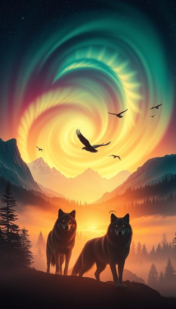 A vivid and dreamlike scene depicting the emotions and instincts of animals in the subconscious realm. In the foreground, a majestic wolf pack silhouetted against a swirling aurora, their eyes glowing with primal intensity. In the middle ground, a flock of birds takes flight, their wings catching the ethereal light. The background is a captivating landscape of towering mountains, misty forests, and a starry night sky that seems to pulse with mystical energy. The overall mood is one of spiritual wonder, as if glimpsing the hidden depths of the animal psyche. Soft, warm lighting illuminates the scene, creating a sense of tranquility and introspection. Utilize a wide-angle lens to capture the expansive, dreamlike quality of the composition. A vivid and dreamlike scene depicting the emotions and instincts of animals in the subconscious realm. In the foreground, a majestic wolf pack silhouetted against a swirling aurora, their eyes glowing with primal intensity. In the middle ground, a flock of birds takes flight, their wings catching the ethereal light. The background is a captivating landscape of towering mountains, misty forests, and a starry night sky that seems to pulse with mystical energy. The overall mood is one of spiritual wonder, as if glimpsing the hidden depths of the animal psyche. Soft, warm lighting illuminates the scene, creating a sense of tranquility and introspection. Utilize a wide-angle lens to capture the expansive, dreamlike quality of the composition.