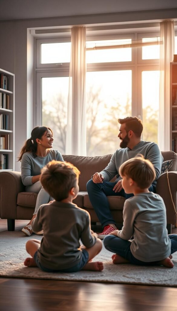 A warmly lit family room with soft evening light filtering through large windows. In the foreground, a mother and father sit on a plush couch, engaged in animated conversation, their body language open and expressive. Their two children, a young boy and girl, sit cross-legged on the floor, listening intently, their faces alight with curiosity. Bookshelves line the walls, creating a cozy, intellectual atmosphere. The overall scene conveys a sense of openness, understanding, and genuine connection between the family members, reflecting the power of mindful parenting and effective communication. A warmly lit family room with soft evening light filtering through large windows. In the foreground, a mother and father sit on a plush couch, engaged in animated conversation, their body language open and expressive. Their two children, a young boy and girl, sit cross-legged on the floor, listening intently, their faces alight with curiosity. Bookshelves line the walls, creating a cozy, intellectual atmosphere. The overall scene conveys a sense of openness, understanding, and genuine connection between the family members, reflecting the power of mindful parenting and effective communication.