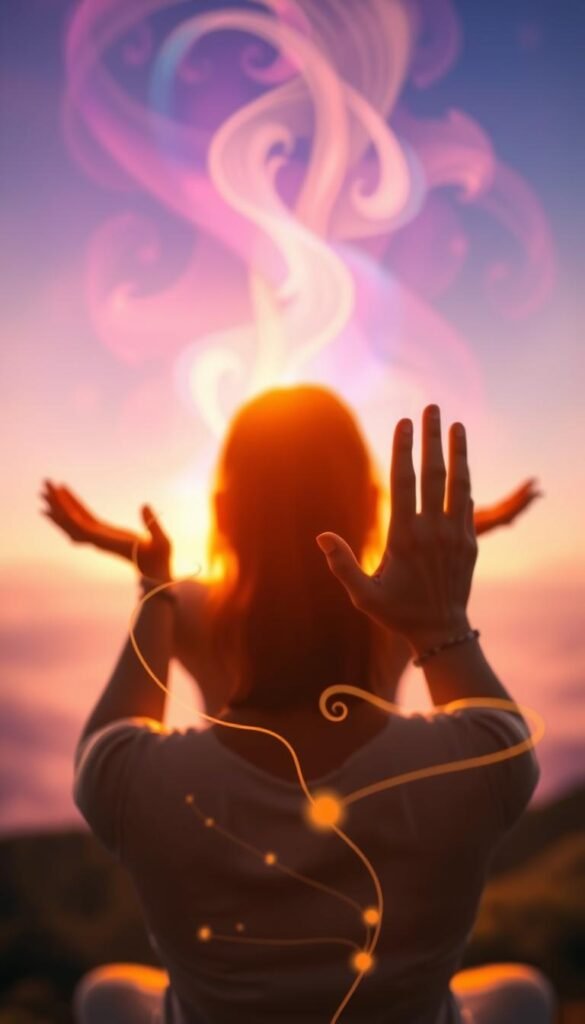 An aligned action scene, bathed in a warm, ethereal glow. A person in a contemplative pose, palms facing upward, exuding a sense of focused intention. In the foreground, delicate wisps of energy emanate from their hands, subtly intertwining. The middle ground features a vibrant, abstract landscape, with swirling patterns of light and color that echo the person's spiritual alignment. The background is a serene, dreamlike expanse, with subtle gradients and a gentle sense of depth, creating a sense of boundless possibilities. Capture this scene with a cinematic, wide-angle lens, emphasizing the harmonious connection between the individual and the energetic flow of the universe. An aligned action scene, bathed in a warm, ethereal glow. A person in a contemplative pose, palms facing upward, exuding a sense of focused intention. In the foreground, delicate wisps of energy emanate from their hands, subtly intertwining. The middle ground features a vibrant, abstract landscape, with swirling patterns of light and color that echo the person's spiritual alignment. The background is a serene, dreamlike expanse, with subtle gradients and a gentle sense of depth, creating a sense of boundless possibilities. Capture this scene with a cinematic, wide-angle lens, emphasizing the harmonious connection between the individual and the energetic flow of the universe.