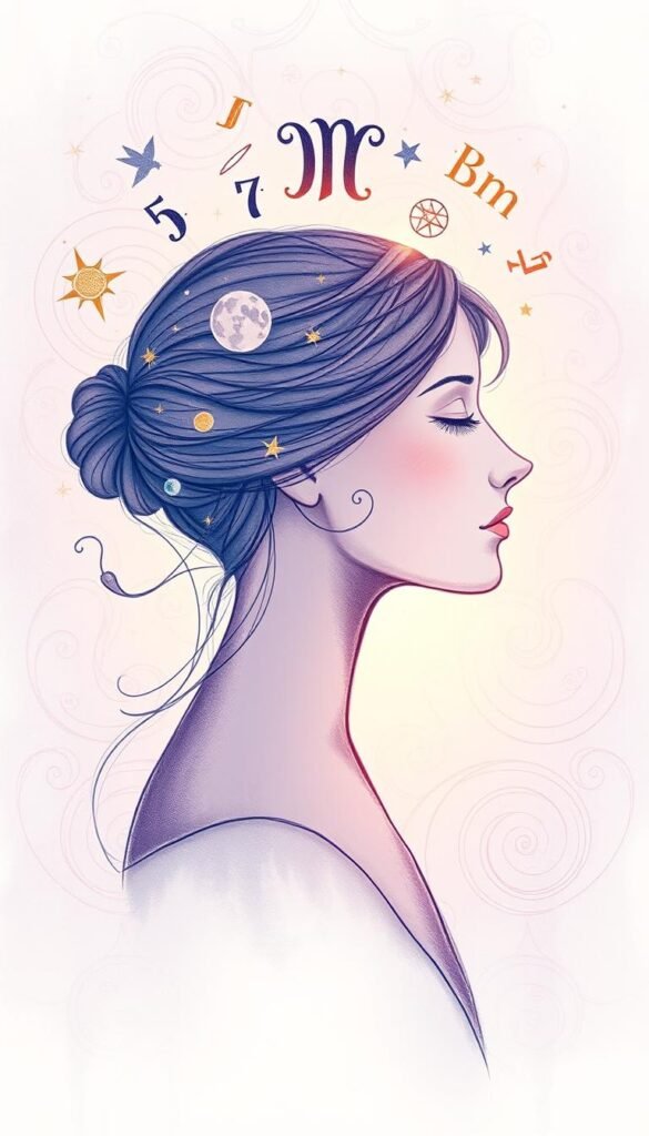 An elegant, hand-drawn illustration of a person's head in profile, with numerical symbols and astrological elements floating around it. The figure is rendered in a soft, ethereal color palette, with hues of lavender, indigo, and touches of gold. The background is filled with a mystical, swirling pattern of celestial motifs, creating a sense of depth and mystery. The lighting is gentle, casting a warm, introspective glow on the scene. The overall composition conveys a sense of contemplation and self-discovery, perfectly capturing the essence of "How to Calculate Your Personality Number." An elegant, hand-drawn illustration of a person's head in profile, with numerical symbols and astrological elements floating around it. The figure is rendered in a soft, ethereal color palette, with hues of lavender, indigo, and touches of gold. The background is filled with a mystical, swirling pattern of celestial motifs, creating a sense of depth and mystery. The lighting is gentle, casting a warm, introspective glow on the scene. The overall composition conveys a sense of contemplation and self-discovery, perfectly capturing the essence of "How to Calculate Your Personality Number."