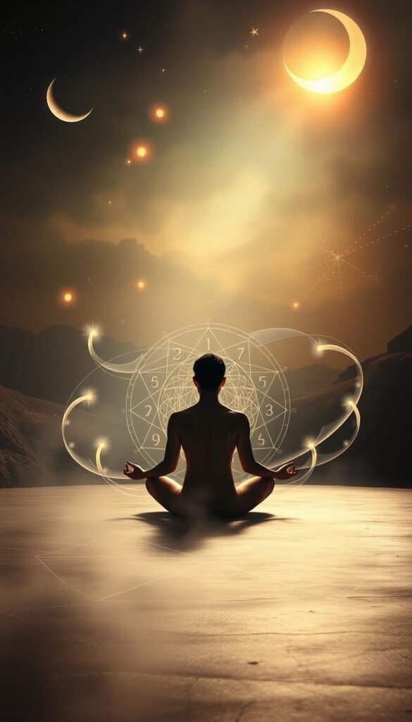 An ethereal, deeply spiritual scene depicting the discovery of one's master numbers. A serene, dimly lit environment with soft, glowing light emanating from the foreground. In the center, a person sits in a meditative pose, fingers resting on a mystic mandala of overlapping numbers and geometric shapes. Wispy, ethereal energy fields swirl around the figure, connecting them to the divine. In the background, a hazy, dreamlike landscape with celestial elements - glowing orbs, shimmering stars, and a crescent moon. Warm, saturated colors create a sense of depth and mystery. The overall mood is one of introspection, enlightenment, and the uncovering of higher spiritual truths. An ethereal, deeply spiritual scene depicting the discovery of one's master numbers. A serene, dimly lit environment with soft, glowing light emanating from the foreground. In the center, a person sits in a meditative pose, fingers resting on a mystic mandala of overlapping numbers and geometric shapes. Wispy, ethereal energy fields swirl around the figure, connecting them to the divine. In the background, a hazy, dreamlike landscape with celestial elements - glowing orbs, shimmering stars, and a crescent moon. Warm, saturated colors create a sense of depth and mystery. The overall mood is one of introspection, enlightenment, and the uncovering of higher spiritual truths.