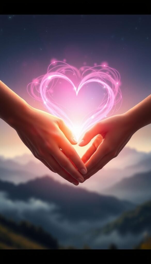 An ethereal visualization of an ideal relationship, bathed in soft, warm light. In the foreground, a pair of hands connected, symbolizing unity and synergy. In the middle ground, delicate, swirling energy fields in shades of pink and lavender, representing the flow of love and emotional connection. In the background, a serene, mystical landscape with a starry sky, conveying a sense of boundless possibility and spiritual transcendence. The overall mood is one of harmony, intimacy, and a deep, abiding sense of purpose. Capture this scene with a cinematic, medium-wide angle and a shallow depth of field, creating a dreamlike, immersive atmosphere. An ethereal visualization of an ideal relationship, bathed in soft, warm light. In the foreground, a pair of hands connected, symbolizing unity and synergy. In the middle ground, delicate, swirling energy fields in shades of pink and lavender, representing the flow of love and emotional connection. In the background, a serene, mystical landscape with a starry sky, conveying a sense of boundless possibility and spiritual transcendence. The overall mood is one of harmony, intimacy, and a deep, abiding sense of purpose. Capture this scene with a cinematic, medium-wide angle and a shallow depth of field, creating a dreamlike, immersive atmosphere.