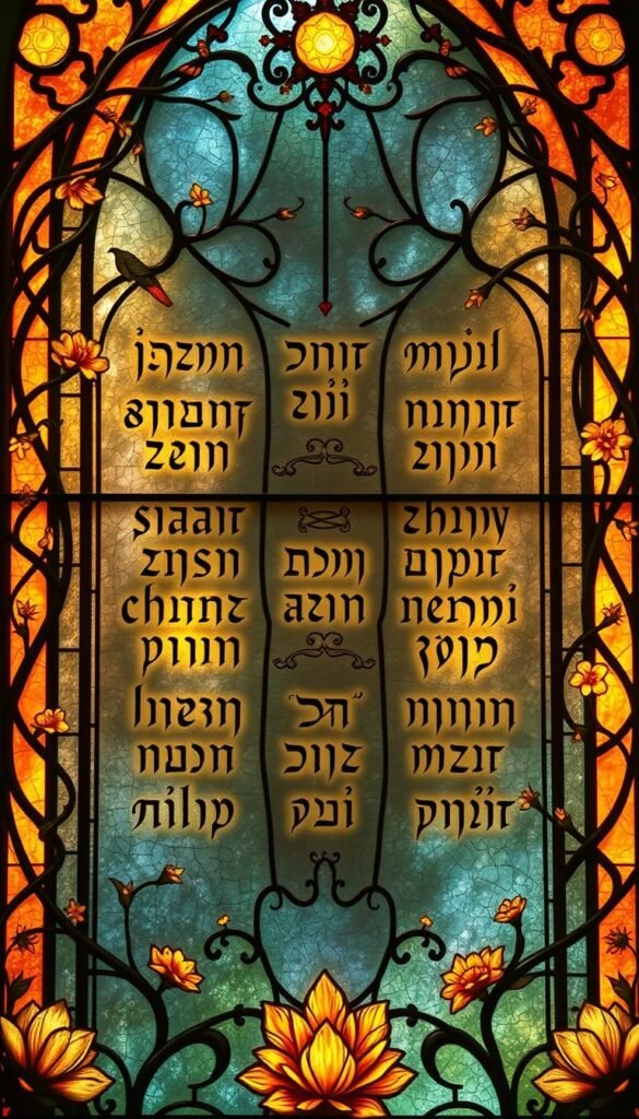 An intricate stained glass window illuminated by warm, ethereal light, depicting the spiritual significance of biblical names. Delicate, intertwining vines and flowers frame the central panel, which features a collection of elaborately rendered name glyphs, each one imbued with symbolic meaning and divine connection. The overall composition exudes a sense of reverence, mysticism, and the profound power inherent in the language of the divine. An intricate stained glass window illuminated by warm, ethereal light, depicting the spiritual significance of biblical names. Delicate, intertwining vines and flowers frame the central panel, which features a collection of elaborately rendered name glyphs, each one imbued with symbolic meaning and divine connection. The overall composition exudes a sense of reverence, mysticism, and the profound power inherent in the language of the divine.