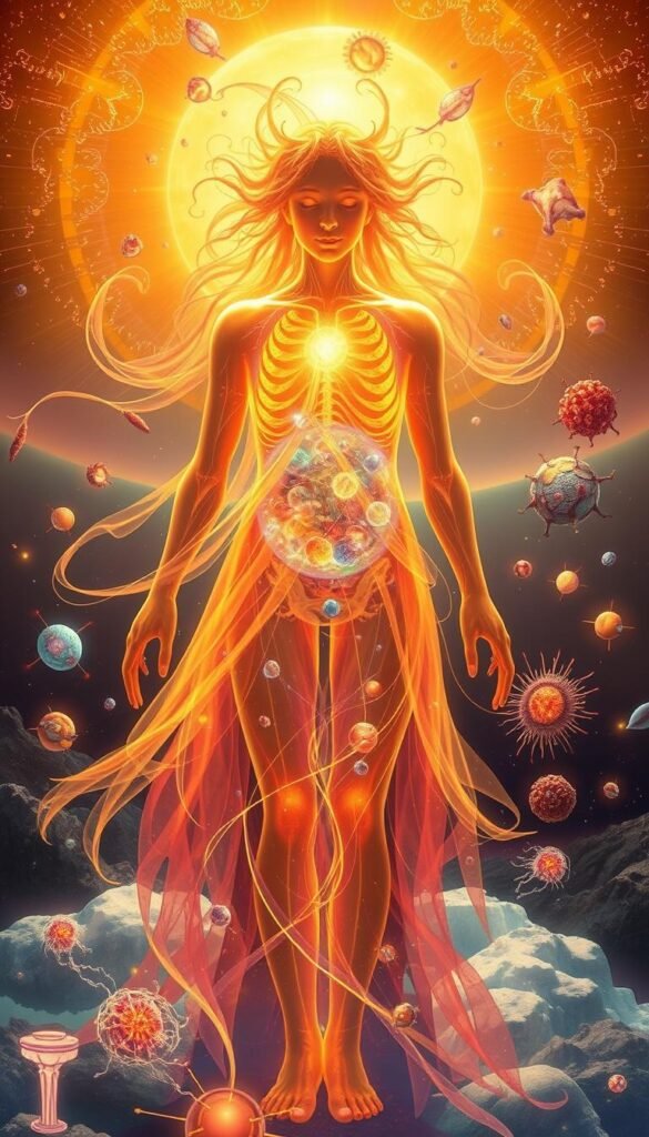 Autophagy in Detoxification: A vibrant, spiritual illustration depicting the cellular process of autophagy, where damaged or aged organelles are recycled to cleanse and rejuvenate the body. In the foreground, a glowing, ethereal figure represents the essence of inner purification, with swirling energy fields and translucent tissues. The middle ground showcases intricate biological structures, such as mitochondria and lysosomes, engaged in the complex dance of cellular renewal. The background is a serene, cosmic landscape, hinting at the profound, interconnected nature of this fundamental detoxification mechanism. Bathed in warm, ethereal lighting and imbued with a sense of spiritual transcendence, this image captures the harmony between the microscopic and the sublime in the quest for holistic well-being.