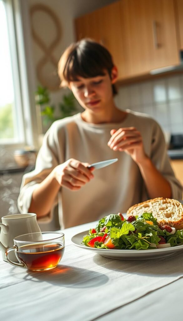 Calm and peaceful kitchen scene with a person mindfully consuming a simple yet nourishing meal. Soft natural lighting filters through a window, casting a warm glow on the table setting. In the foreground, a plate holds a vibrant salad, fresh bread, and a steaming cup of tea. The middle ground features the person's hands carefully cutting and savoring each bite, their gaze inward in a state of present-moment awareness. The background depicts a minimalist, earthy-toned kitchen interior, conveying a sense of grounded tranquility. The overall mood is one of reverence, simplicity, and wholesome connection with the act of eating. Calm and peaceful kitchen scene with a person mindfully consuming a simple yet nourishing meal. Soft natural lighting filters through a window, casting a warm glow on the table setting. In the foreground, a plate holds a vibrant salad, fresh bread, and a steaming cup of tea. The middle ground features the person's hands carefully cutting and savoring each bite, their gaze inward in a state of present-moment awareness. The background depicts a minimalist, earthy-toned kitchen interior, conveying a sense of grounded tranquility. The overall mood is one of reverence, simplicity, and wholesome connection with the act of eating.