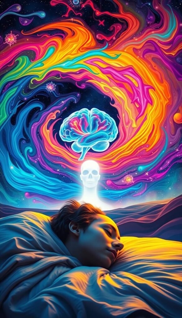 Colorful and tranquil dreamscape depicting the science behind the human subconscious. In the foreground, a sleeping person's head emerges from amidst a swirling vortex of vivid colors and abstract shapes, representing the complex neurological processes that govern the dream state. In the middle ground, a ghostly silhouette of a brain is illuminated by a soft glow, symbolizing the neural activity that generates dreams. The background is a vast, starry expanse, hinting at the expansive and mysterious nature of the human mind. The overall atmosphere is one of introspection and wonder, inviting the viewer to ponder the inner workings of the dreaming mind. Colorful and tranquil dreamscape depicting the science behind the human subconscious. In the foreground, a sleeping person's head emerges from amidst a swirling vortex of vivid colors and abstract shapes, representing the complex neurological processes that govern the dream state. In the middle ground, a ghostly silhouette of a brain is illuminated by a soft glow, symbolizing the neural activity that generates dreams. The background is a vast, starry expanse, hinting at the expansive and mysterious nature of the human mind. The overall atmosphere is one of introspection and wonder, inviting the viewer to ponder the inner workings of the dreaming mind.