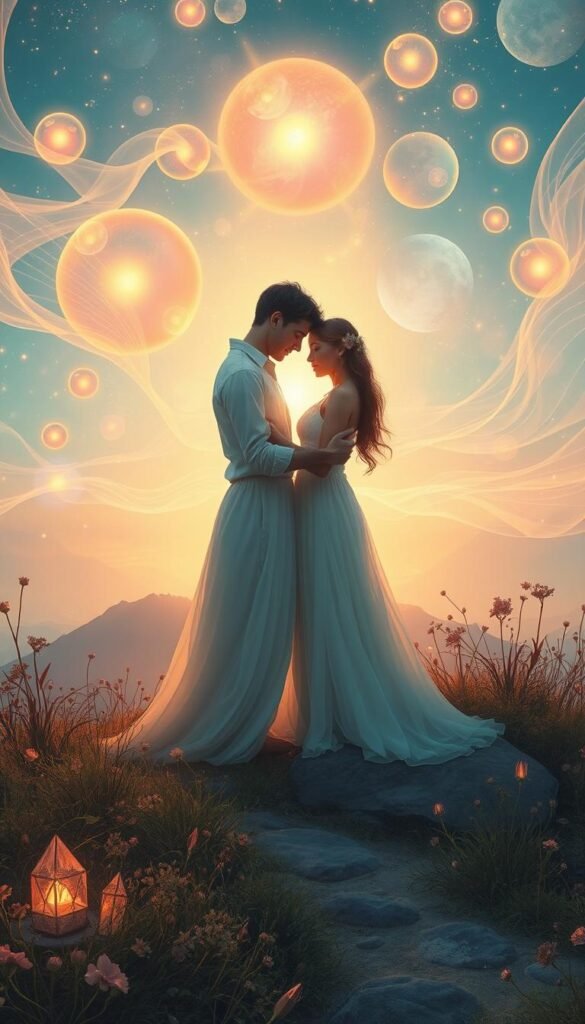 Colorful spiritual landscape with glowing celestial orbs, soft ethereal lighting, and a central couple embracing in a state of deep connection and harmony. Flowing energy fields and vibrant hues symbolize the power of the Law of Attraction to manifest fulfilling relationships. Delicate botanical elements, crystals, and a serene natural setting evoke a sense of balance, tranquility, and divine guidance. Muted tones and a dreamlike atmosphere convey the mystical nature of aligning with the universal laws of love and attraction. Colorful spiritual landscape with glowing celestial orbs, soft ethereal lighting, and a central couple embracing in a state of deep connection and harmony. Flowing energy fields and vibrant hues symbolize the power of the Law of Attraction to manifest fulfilling relationships. Delicate botanical elements, crystals, and a serene natural setting evoke a sense of balance, tranquility, and divine guidance. Muted tones and a dreamlike atmosphere convey the mystical nature of aligning with the universal laws of love and attraction.