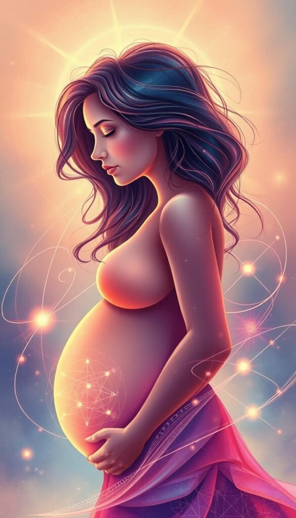 Colorful spiritual-style illustration of a pregnant woman's inner emotional landscape. Soft, glowing light illuminates her serene face as she gazes inward, surrounded by swirling, translucent geometric patterns and ethereal energy fields. The foreground features delicate lines and organic shapes evoking the rhythm and flow of the dreamworld. In the middle ground, wispy tendrils of energy seem to merge with the woman's body, reflecting the profound psychological and physiological changes of pregnancy. The background contains a hazy, atmospheric quality, suggesting the liminal space between consciousness and the subconscious. Colorful spiritual-style illustration of a pregnant woman's inner emotional landscape. Soft, glowing light illuminates her serene face as she gazes inward, surrounded by swirling, translucent geometric patterns and ethereal energy fields. The foreground features delicate lines and organic shapes evoking the rhythm and flow of the dreamworld. In the middle ground, wispy tendrils of energy seem to merge with the woman's body, reflecting the profound psychological and physiological changes of pregnancy. The background contains a hazy, atmospheric quality, suggesting the liminal space between consciousness and the subconscious.
