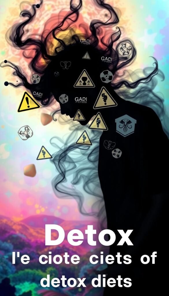 Colorful spiritual-style image depicting the potential risks and side effects of detox diets. In the foreground, a person's silhouette appears to be struggling, with wisps of dark energy swirling around them. In the middle ground, various medical symbols and warning signs float, representing the potential health hazards of extreme detoxification. The background is a vibrant, ethereal landscape of abstract shapes and patterns, suggesting the delicate balance of the body's natural processes. The overall mood is one of unease and caution, conveying the message that detox diets should be approached with care and under the guidance of medical professionals. Colorful spiritual-style image depicting the potential risks and side effects of detox diets. In the foreground, a person's silhouette appears to be struggling, with wisps of dark energy swirling around them. In the middle ground, various medical symbols and warning signs float, representing the potential health hazards of extreme detoxification. The background is a vibrant, ethereal landscape of abstract shapes and patterns, suggesting the delicate balance of the body's natural processes. The overall mood is one of unease and caution, conveying the message that detox diets should be approached with care and under the guidance of medical professionals.