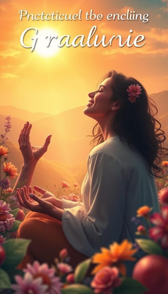 Colorful spiritual style images capturing practical ways to embrace gratitude. In the foreground, a person meditating or expressing joy, surrounded by symbols of abundance and thankfulness - flowers, leaves, fruits. In the middle ground, hands reaching up or open, receiving and reflecting light. The background features a warm, radiant landscape with a glowing sky, conveying a sense of expansiveness and connection to the divine. Soft, diffused lighting illuminates the scene, creating a serene, contemplative atmosphere. The composition flows with organic, fluid lines and a harmonious color palette, inviting the viewer to pause and reflect on the blessings in their life. Colorful spiritual style images capturing practical ways to embrace gratitude. In the foreground, a person meditating or expressing joy, surrounded by symbols of abundance and thankfulness - flowers, leaves, fruits. In the middle ground, hands reaching up or open, receiving and reflecting light. The background features a warm, radiant landscape with a glowing sky, conveying a sense of expansiveness and connection to the divine. Soft, diffused lighting illuminates the scene, creating a serene, contemplative atmosphere. The composition flows with organic, fluid lines and a harmonious color palette, inviting the viewer to pause and reflect on the blessings in their life.