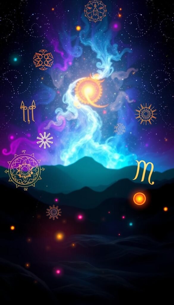 Colorful spiritual zodiac symbols float against a mystical backdrop. In the foreground, intricate astrological glyphs and celestial patterns swirl with ethereal energy. The middle ground features glowing orbs and cosmic phenomena, hinting at the interconnectedness of the stars and the self. In the distance, a nebula-like haze of vibrant purples, blues, and greens creates a sense of expansive awareness. Dramatic chiaroscuro lighting casts dramatic shadows, evoking a meditative atmosphere. Shot with a wide-angle lens to capture the grandeur of the spiritual cosmic landscape.