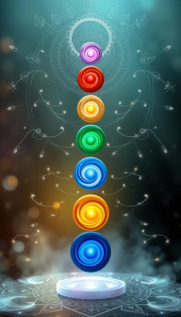 Detailed chakra energy centers against a serene, ethereal backdrop. Vibrant swirling orbs of color - red, orange, yellow, green, blue, indigo, and violet - align vertically in a graceful cascade. Soft, diffused lighting emanates from the centers, casting a warm, mystical glow. Intricate geometric patterns and spiritual symbols surround the chakras, creating a harmonious, meditative atmosphere. Delicate feather-like tendrils of energy radiate outward, connecting the chakras in a mesmerizing display. The scene has a sense of balance, peace, and inner harmony, perfectly capturing the essence of the chakra system. Detailed chakra energy centers against a serene, ethereal backdrop. Vibrant swirling orbs of color - red, orange, yellow, green, blue, indigo, and violet - align vertically in a graceful cascade. Soft, diffused lighting emanates from the centers, casting a warm, mystical glow. Intricate geometric patterns and spiritual symbols surround the chakras, creating a harmonious, meditative atmosphere. Delicate feather-like tendrils of energy radiate outward, connecting the chakras in a mesmerizing display. The scene has a sense of balance, peace, and inner harmony, perfectly capturing the essence of the chakra system.