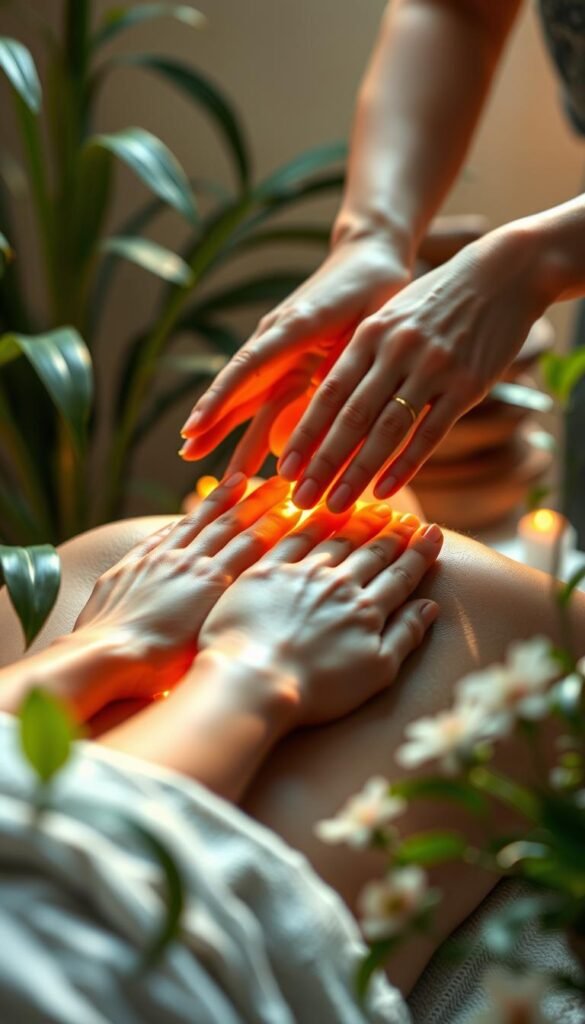 Detailed lymphatic drainage massage in a calming, serene setting. A woman's hands gently guiding the flow of energy through lymph nodes, promoting detoxification and wellness. Soft, diffused lighting casts a warm glow, surrounded by soothing plants and natural textures. Vibrant colors and mystical, spiritual elements imbue the scene with a sense of renewal and inner peace. The massage therapist's touch is depicted with precision, conveying the expertise and care required to reinvigorate the lymphatic system. An image that visually captures the essence of natural detoxification and holistic well-being. Detailed lymphatic drainage massage in a calming, serene setting. A woman's hands gently guiding the flow of energy through lymph nodes, promoting detoxification and wellness. Soft, diffused lighting casts a warm glow, surrounded by soothing plants and natural textures. Vibrant colors and mystical, spiritual elements imbue the scene with a sense of renewal and inner peace. The massage therapist's touch is depicted with precision, conveying the expertise and care required to reinvigorate the lymphatic system. An image that visually captures the essence of natural detoxification and holistic well-being.