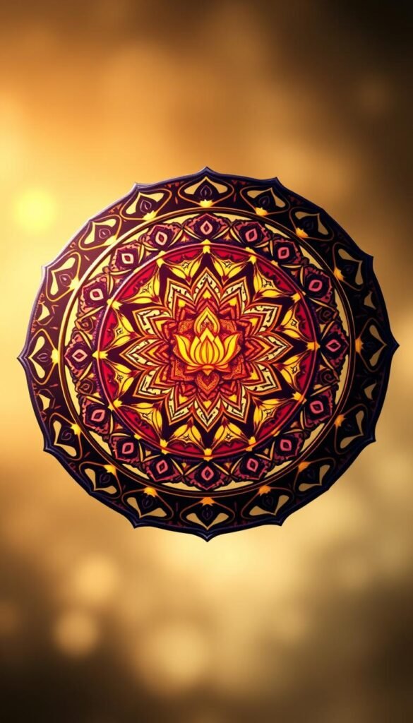 Detailed mandala of intricate geometric patterns, with a central lotus flower surrounded by swirling concentric circles and rays of light. The design is rendered in vibrant, jewel-tone colors, evoking a sense of mysticism and inner reflection. The mandala floats against a softly blurred, ethereal background, as if suspended in a transcendent, meditative space. Warm, diffused lighting casts a gentle glow, enhancing the spiritual atmosphere. Compose the image to emphasize the mandala's symmetry and balance, guiding the viewer's eye towards the central focal point. Capture the essence of the mandala as a symbolic representation of the spiritual journey and the interconnectedness of all things. Detailed mandala of intricate geometric patterns, with a central lotus flower surrounded by swirling concentric circles and rays of light. The design is rendered in vibrant, jewel-tone colors, evoking a sense of mysticism and inner reflection. The mandala floats against a softly blurred, ethereal background, as if suspended in a transcendent, meditative space. Warm, diffused lighting casts a gentle glow, enhancing the spiritual atmosphere. Compose the image to emphasize the mandala's symmetry and balance, guiding the viewer's eye towards the central focal point. Capture the essence of the mandala as a symbolic representation of the spiritual journey and the interconnectedness of all things.