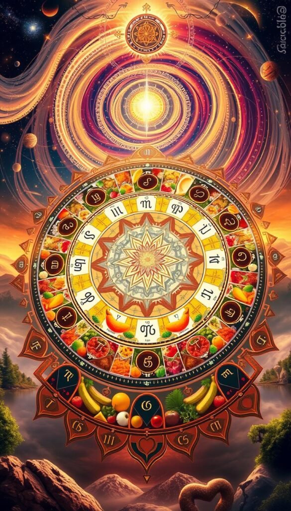 Detailed numerology diet chart rendered in a vibrant, spiritual style. A magnificent mandala-like design in the foreground, featuring numerological symbols, horoscope signs, and food icons representing different food groups. The middle ground showcases a collage of healthy, colorful ingredients and dishes. The background is a swirling, ethereal landscape with celestial motifs, creating a sense of cosmic connection. Warm, soft lighting illuminates the scene, imbuing it with a serene, mystical atmosphere. Captured with a wide-angle lens to convey a sense of depth and grandeur. Detailed numerology diet chart rendered in a vibrant, spiritual style. A magnificent mandala-like design in the foreground, featuring numerological symbols, horoscope signs, and food icons representing different food groups. The middle ground showcases a collage of healthy, colorful ingredients and dishes. The background is a swirling, ethereal landscape with celestial motifs, creating a sense of cosmic connection. Warm, soft lighting illuminates the scene, imbuing it with a serene, mystical atmosphere. Captured with a wide-angle lens to convey a sense of depth and grandeur.