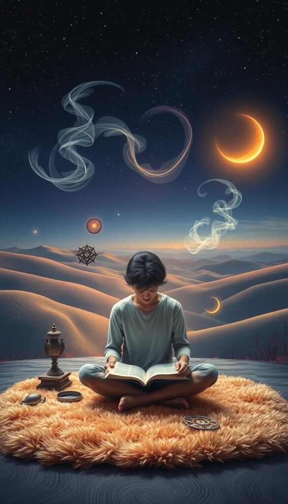 Detailed scene depicting dream interpretation techniques. In the foreground, a person sits cross-legged on a soft, plush rug, deep in contemplation, with an open notebook and various mystical symbols surrounding them. In the middle ground, wisps of ethereal energy swirl and dance, representing the subconscious mind. The background is a serene, dreamlike landscape with a starry night sky, gentle rolling hills, and a distant crescent moon casting a warm, otherworldly glow. Soft, warm lighting illuminates the scene, creating a sense of introspection and spiritual exploration. Vibrant colors, a mystical atmosphere, and a strong sense of focus on the dreamer's inner journey. Detailed scene depicting dream interpretation techniques. In the foreground, a person sits cross-legged on a soft, plush rug, deep in contemplation, with an open notebook and various mystical symbols surrounding them. In the middle ground, wisps of ethereal energy swirl and dance, representing the subconscious mind. The background is a serene, dreamlike landscape with a starry night sky, gentle rolling hills, and a distant crescent moon casting a warm, otherworldly glow. Soft, warm lighting illuminates the scene, creating a sense of introspection and spiritual exploration. Vibrant colors, a mystical atmosphere, and a strong sense of focus on the dreamer's inner journey.