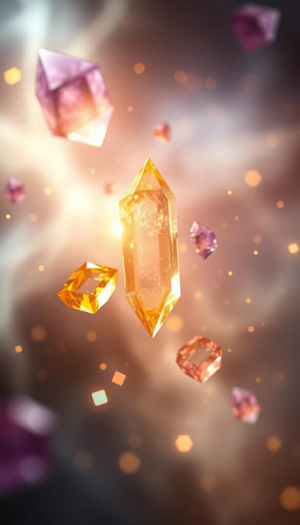 Dramatic close-up of a glowing, ethereal energy field pulsing with vibrant gemstones - amethyst, citrine, and rose quartz. Soft, diffused lighting creating an otherworldly, celestial atmosphere. Gemstones suspended in mid-air, radiating an intense spiritual and mystical aura. Hints of wispy, swirling energy tendrils in the background, adding to the meditative, transcendent mood. Depth of field blurred, emphasizing the central focal point of the gemstone energy. Photorealistic, high-detail rendering with a touch of stylized, spiritual flourish. Dramatic close-up of a glowing, ethereal energy field pulsing with vibrant gemstones - amethyst, citrine, and rose quartz. Soft, diffused lighting creating an otherworldly, celestial atmosphere. Gemstones suspended in mid-air, radiating an intense spiritual and mystical aura. Hints of wispy, swirling energy tendrils in the background, adding to the meditative, transcendent mood. Depth of field blurred, emphasizing the central focal point of the gemstone energy. Photorealistic, high-detail rendering with a touch of stylized, spiritual flourish.