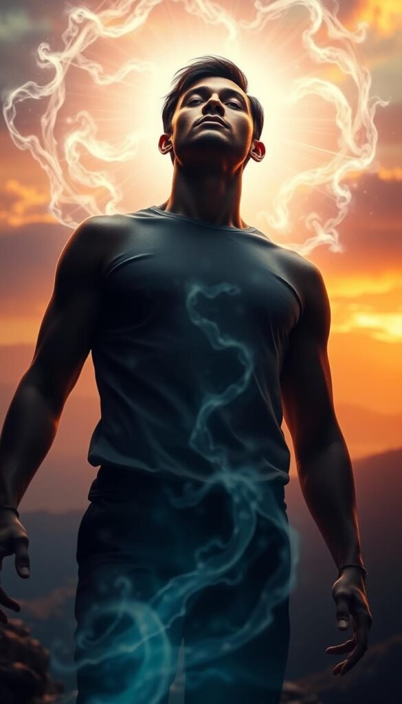 Dramatic, introspective portrait of a person confidently visualizing their personal growth. In the foreground, a well-lit figure stands tall, eyes closed, with an expression of determination and focus. The middle ground features ethereal, swirling energies representing the power of the mind. The background is a vibrant, abstract landscape with warm hues and soft light, symbolizing the inner landscape of the subconscious. Cinematic, spiritual style with dreamlike atmosphere and a sense of empowerment. Dramatic, introspective portrait of a person confidently visualizing their personal growth. In the foreground, a well-lit figure stands tall, eyes closed, with an expression of determination and focus. The middle ground features ethereal, swirling energies representing the power of the mind. The background is a vibrant, abstract landscape with warm hues and soft light, symbolizing the inner landscape of the subconscious. Cinematic, spiritual style with dreamlike atmosphere and a sense of empowerment.
