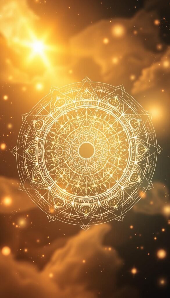 Elegant numerology mandala in a warm, ethereal style. Intricate patterns of numbers and symbols float in a luminous, cosmic environment, layered with shimmering geometric shapes and celestial motifs. Soft, glowing lighting casts an otherworldly, calming ambiance. The composition is balanced and symmetrical, evoking a sense of harmony and mystical significance. Depth and dimensionality are achieved through strategic use of depth of field and atmospheric perspective. The overall mood is one of spiritual contemplation and business-focused divination. Elegant numerology mandala in a warm, ethereal style. Intricate patterns of numbers and symbols float in a luminous, cosmic environment, layered with shimmering geometric shapes and celestial motifs. Soft, glowing lighting casts an otherworldly, calming ambiance. The composition is balanced and symmetrical, evoking a sense of harmony and mystical significance. Depth and dimensionality are achieved through strategic use of depth of field and atmospheric perspective. The overall mood is one of spiritual contemplation and business-focused divination.