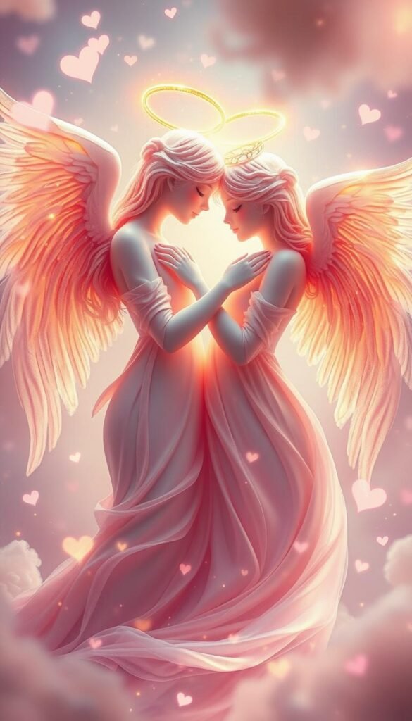 Ethereal angelic figures entwined in a swirling embrace, their luminous wings and halos radiating a warm, otherworldly glow. Soft pastel hues of pink, lavender, and gold create a serene, dreamlike atmosphere. Delicate hearts and symbols of love float in the background, subtly alluding to the divine connection between the figures. Shimmering rays of light and a slightly blurred, atmospheric lens effect lend an enchanting, mystical quality to the scene. The overall composition conveys a sense of deep, transcendent love, guided by the gentle presence of angelic energies. Ethereal angelic figures entwined in a swirling embrace, their luminous wings and halos radiating a warm, otherworldly glow. Soft pastel hues of pink, lavender, and gold create a serene, dreamlike atmosphere. Delicate hearts and symbols of love float in the background, subtly alluding to the divine connection between the figures. Shimmering rays of light and a slightly blurred, atmospheric lens effect lend an enchanting, mystical quality to the scene. The overall composition conveys a sense of deep, transcendent love, guided by the gentle presence of angelic energies.