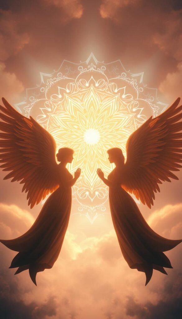 Ethereal angelic silhouettes, their wings gently unfurling, bathed in a warm glow of divine light. In the serene background, a mystic mandala pattern pulsates with otherworldly energy, radiating spiritual significance. Soft, pastel hues envelop the scene, creating a tranquil, meditative atmosphere. The composition is balanced, with the angels' forms drawing the eye inward, guiding the viewer towards a deeper contemplation of the sacred. Captured through a wide-angle lens, the image conveys a sense of expansiveness, inviting the observer to connect with the transcendent realm of the divine. Ethereal angelic silhouettes, their wings gently unfurling, bathed in a warm glow of divine light. In the serene background, a mystic mandala pattern pulsates with otherworldly energy, radiating spiritual significance. Soft, pastel hues envelop the scene, creating a tranquil, meditative atmosphere. The composition is balanced, with the angels' forms drawing the eye inward, guiding the viewer towards a deeper contemplation of the sacred. Captured through a wide-angle lens, the image conveys a sense of expansiveness, inviting the observer to connect with the transcendent realm of the divine.