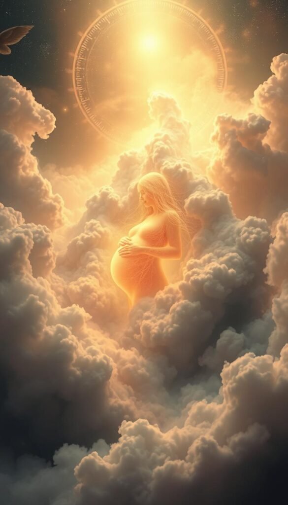 Ethereal dreamscape featuring a glowing, translucent figure representing pregnancy or birth, nestled amidst swirling cosmic clouds in a mystical, otherworldly landscape. Soft, warm lighting from above casts a serene, introspective glow. Subtle hints of ancient symbols or arcane patterns emerge from the misty atmosphere, evoking a sense of deep spiritual connection. The composition is balanced and harmonious, drawing the viewer's gaze inward, inviting contemplation of the profound mysteries and transformative power of the human experience. Ethereal dreamscape featuring a glowing, translucent figure representing pregnancy or birth, nestled amidst swirling cosmic clouds in a mystical, otherworldly landscape. Soft, warm lighting from above casts a serene, introspective glow. Subtle hints of ancient symbols or arcane patterns emerge from the misty atmosphere, evoking a sense of deep spiritual connection. The composition is balanced and harmonious, drawing the viewer's gaze inward, inviting contemplation of the profound mysteries and transformative power of the human experience.