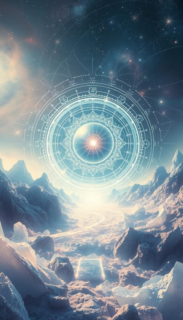 Ethereal planetary energies radiate from a cosmic mandala, illuminating the path of inner growth. A luminous orb, representing the divine spark within, casts shimmering light across a crystalline landscape. Wisps of celestial energy weave intricate patterns, guiding the viewer's gaze inward. Soft, diffused lighting imbues the scene with a serene, meditative atmosphere, inviting contemplation of the deep connection between astrology and spiritual insights. Rendered in a vibrant, otherworldly palette, this visionary landscape evokes the mystical interplay of the cosmos and the soul.