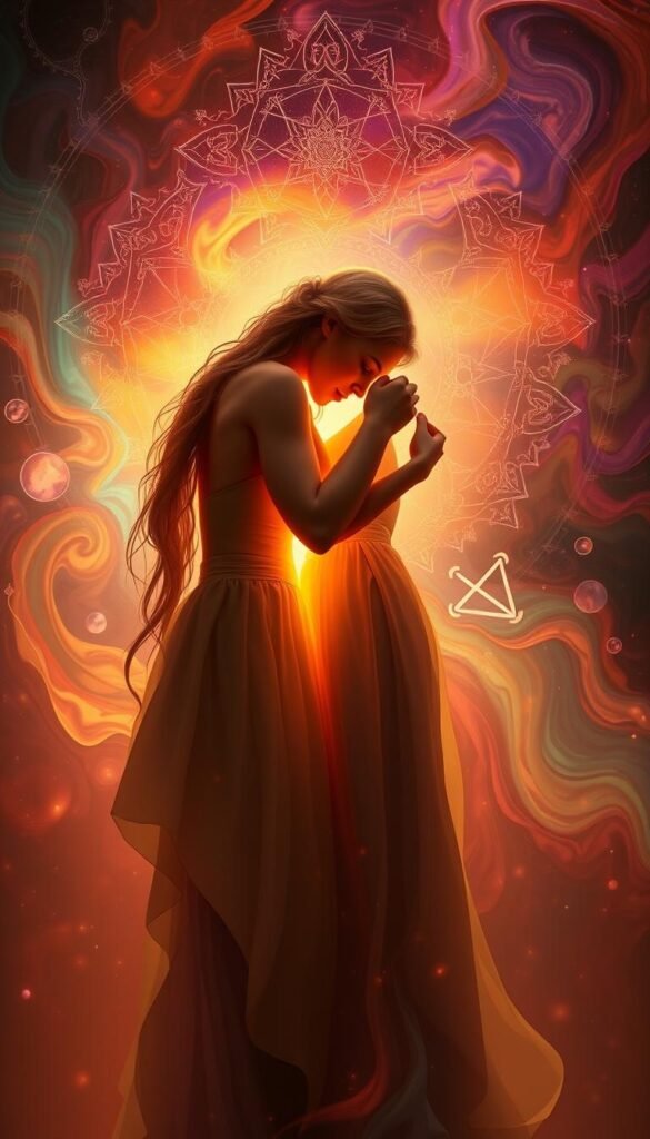 Intimate embrace of two figures, their bodies intertwined in a warm, harmonious dance. Soft, diffused lighting casts a gentle glow, highlighting the delicate connection between them. The background is a swirl of vibrant, ethereal hues, creating a sense of mindful, spiritual presence. Intricate patterns and geometric shapes emerge, symbolizing the intricate tapestry of a meaningful relationship. Overall, a serene, contemplative atmosphere that captures the essence of mindful communication in the context of human connection. Intimate embrace of two figures, their bodies intertwined in a warm, harmonious dance. Soft, diffused lighting casts a gentle glow, highlighting the delicate connection between them. The background is a swirl of vibrant, ethereal hues, creating a sense of mindful, spiritual presence. Intricate patterns and geometric shapes emerge, symbolizing the intricate tapestry of a meaningful relationship. Overall, a serene, contemplative atmosphere that captures the essence of mindful communication in the context of human connection.