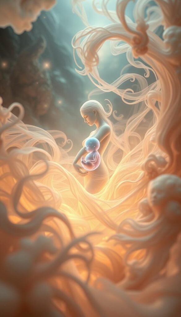 Intricate ethereal scene depicting a serene dream about the process of giving birth. In the foreground, a glowing feminine figure representing the mother, surrounded by swirling pastel energy. In the middle ground, a shimmering translucent fetus emerges, enveloped in a soft, hazy light. The background features a mystical, dreamlike landscape with abstract shapes and patterns, evoking a sense of the subconscious. Warm, diffused lighting creates a calming, spiritual atmosphere. Composed with a wide angle lens to capture the full, expansive scene. Blended colors and soft, flowing forms convey the beauty and wonder of the birthing experience. Intricate ethereal scene depicting a serene dream about the process of giving birth. In the foreground, a glowing feminine figure representing the mother, surrounded by swirling pastel energy. In the middle ground, a shimmering translucent fetus emerges, enveloped in a soft, hazy light. The background features a mystical, dreamlike landscape with abstract shapes and patterns, evoking a sense of the subconscious. Warm, diffused lighting creates a calming, spiritual atmosphere. Composed with a wide angle lens to capture the full, expansive scene. Blended colors and soft, flowing forms convey the beauty and wonder of the birthing experience.