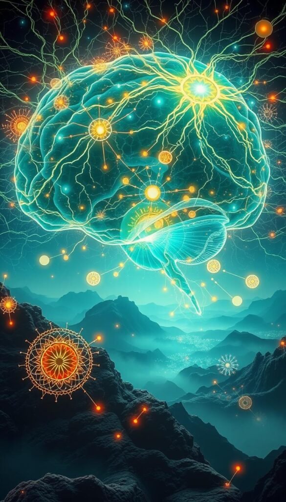 Intricate neural pathways of the mind, pulsing with vibrant energy. Undulating patterns of light and color, weaving a tapestry of affirmations. In the foreground, glowing mandalas and geometric shapes radiate positivity, while the background features a mystical, ethereal landscape. Soft, diffused lighting casts a serene, meditative atmosphere, inviting the viewer to explore the connection between the subconscious and the power of intention. Captured through a wide-angle lens, the scene conveys a sense of depth and vastness, reflecting the expansive potential of the human mind. Rendered in a spiritual, almost transcendent style, this image illustrates the science behind the transformative effects of affirmations. Intricate neural pathways of the mind, pulsing with vibrant energy. Undulating patterns of light and color, weaving a tapestry of affirmations. In the foreground, glowing mandalas and geometric shapes radiate positivity, while the background features a mystical, ethereal landscape. Soft, diffused lighting casts a serene, meditative atmosphere, inviting the viewer to explore the connection between the subconscious and the power of intention. Captured through a wide-angle lens, the scene conveys a sense of depth and vastness, reflecting the expansive potential of the human mind. Rendered in a spiritual, almost transcendent style, this image illustrates the science behind the transformative effects of affirmations.