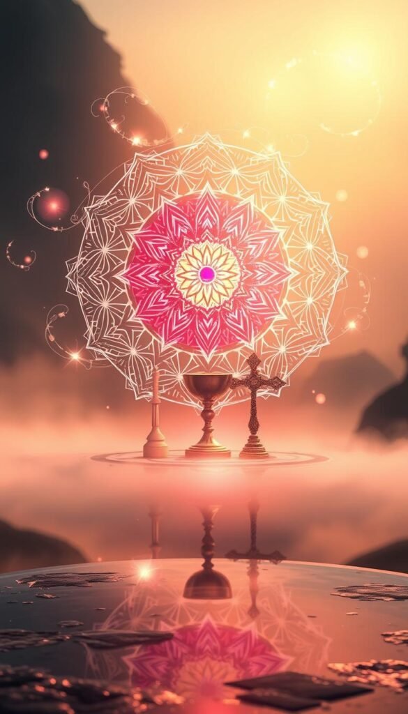 Intricate spiritual symbols float in a serene, ethereal space, bathed in soft, warm lighting. In the foreground, a glowing mandala pulsates with vibrant hues, its geometric patterns radiating a sense of balance and harmony. Surrounding it, delicate wisps of energy swirl, creating an atmosphere of tranquility and contemplation. In the middle ground, a sacred chalice and an ornate cross stand as symbols of divine connection, their forms reflected in a mirrored surface below. The background fades into a hazy, dreamlike landscape, hinting at the transcendent nature of religious iconography. Intricate spiritual symbols float in a serene, ethereal space, bathed in soft, warm lighting. In the foreground, a glowing mandala pulsates with vibrant hues, its geometric patterns radiating a sense of balance and harmony. Surrounding it, delicate wisps of energy swirl, creating an atmosphere of tranquility and contemplation. In the middle ground, a sacred chalice and an ornate cross stand as symbols of divine connection, their forms reflected in a mirrored surface below. The background fades into a hazy, dreamlike landscape, hinting at the transcendent nature of religious iconography.