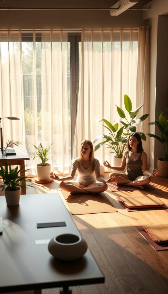 Mindful office scene, sunlit workspace with peaceful ambiance. Large window overlooking serene garden, wooden desks, houseplants, and meditation cushions arranged thoughtfully. Employees seated in lotus position, eyes closed, palms upturned, radiating calm focus. Soft natural lighting filters through sheer curtains, creating a serene, contemplative atmosphere. Minimalist decor with earthy tones and organic textures. Spiritual energy infuses the space, encouraging mindfulness, deep breathing, and inner reflection during the workday. Mindful office scene, sunlit workspace with peaceful ambiance. Large window overlooking serene garden, wooden desks, houseplants, and meditation cushions arranged thoughtfully. Employees seated in lotus position, eyes closed, palms upturned, radiating calm focus. Soft natural lighting filters through sheer curtains, creating a serene, contemplative atmosphere. Minimalist decor with earthy tones and organic textures. Spiritual energy infuses the space, encouraging mindfulness, deep breathing, and inner reflection during the workday.