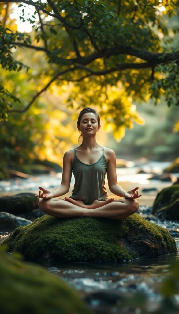 Peaceful meditation session in a serene natural setting. A person sits cross-legged on a mossy rock, surrounded by lush greenery and a flowing stream. Warm, soft lighting filters through the canopy of trees, creating a tranquil, introspective atmosphere. The person's eyes are closed, their face radiating a sense of calm and inner focus. In the background, gently swaying foliage and the soothing sound of water create a soothing, meditative ambiance. The scene conveys a feeling of harmony, mindfulness, and a connection to the natural world. Peaceful meditation session in a serene natural setting. A person sits cross-legged on a mossy rock, surrounded by lush greenery and a flowing stream. Warm, soft lighting filters through the canopy of trees, creating a tranquil, introspective atmosphere. The person's eyes are closed, their face radiating a sense of calm and inner focus. In the background, gently swaying foliage and the soothing sound of water create a soothing, meditative ambiance. The scene conveys a feeling of harmony, mindfulness, and a connection to the natural world.