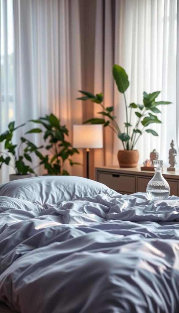Serene bedroom scene, soft lighting filtering through sheer curtains. Plush bedding in soothing hues of blue and lavender, promoting relaxation. Nightstand with a crystal decanter of water, symbolizing hydration for hormone balance. Bedside table lamp casts a warm, ambient glow. Silhouettes of lush house plants in the background, evoking a sense of nature's calming influence. Spiritual elements like a small Buddha statue or crystal cluster on the dresser, encouraging mindfulness. Overall, a peaceful, sanctuary-like atmosphere conducive to quality, restorative sleep. Serene bedroom scene, soft lighting filtering through sheer curtains. Plush bedding in soothing hues of blue and lavender, promoting relaxation. Nightstand with a crystal decanter of water, symbolizing hydration for hormone balance. Bedside table lamp casts a warm, ambient glow. Silhouettes of lush house plants in the background, evoking a sense of nature's calming influence. Spiritual elements like a small Buddha statue or crystal cluster on the dresser, encouraging mindfulness. Overall, a peaceful, sanctuary-like atmosphere conducive to quality, restorative sleep.