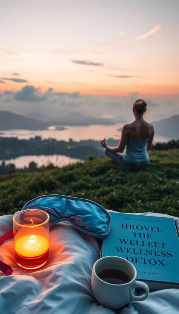 Serene landscape at dusk, with a person sitting cross-legged in a meditative pose on a lush, grassy hill overlooking a tranquil lake. Soft, warm lighting bathes the scene, casting a cozy, introspective glow. Wispy clouds drift across a dusky, pastel sky, adding to the calming atmosphere. In the foreground, an assortment of wellness-related objects - a sleep mask, a cup of herbal tea, and a book on mindfulness - are artfully arranged, hinting at the theme of improving sleep quality through digital detox. The overall vibe is one of peaceful contemplation and self-care. Serene landscape at dusk, with a person sitting cross-legged in a meditative pose on a lush, grassy hill overlooking a tranquil lake. Soft, warm lighting bathes the scene, casting a cozy, introspective glow. Wispy clouds drift across a dusky, pastel sky, adding to the calming atmosphere. In the foreground, an assortment of wellness-related objects - a sleep mask, a cup of herbal tea, and a book on mindfulness - are artfully arranged, hinting at the theme of improving sleep quality through digital detox. The overall vibe is one of peaceful contemplation and self-care.