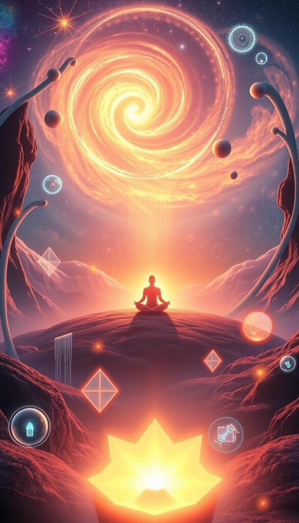 Serene mental imagery for personal growth: A vibrant, dreamlike landscape with floating, ethereal forms representing the mind's potential. In the foreground, luminous geometric shapes and cascading energy flows symbolize the power of visualization. In the middle ground, a glowing, meditative figure sits cross-legged, surrounded by shimmering orbs of light. The background features an expansive, cosmos-like atmosphere with swirling galaxies and celestial phenomena, conveying the boundless nature of inner exploration. Warm, diffused lighting casts a soft, introspective glow over the scene, evoking a sense of tranquility and self-discovery. Serene mental imagery for personal growth: A vibrant, dreamlike landscape with floating, ethereal forms representing the mind's potential. In the foreground, luminous geometric shapes and cascading energy flows symbolize the power of visualization. In the middle ground, a glowing, meditative figure sits cross-legged, surrounded by shimmering orbs of light. The background features an expansive, cosmos-like atmosphere with swirling galaxies and celestial phenomena, conveying the boundless nature of inner exploration. Warm, diffused lighting casts a soft, introspective glow over the scene, evoking a sense of tranquility and self-discovery.
