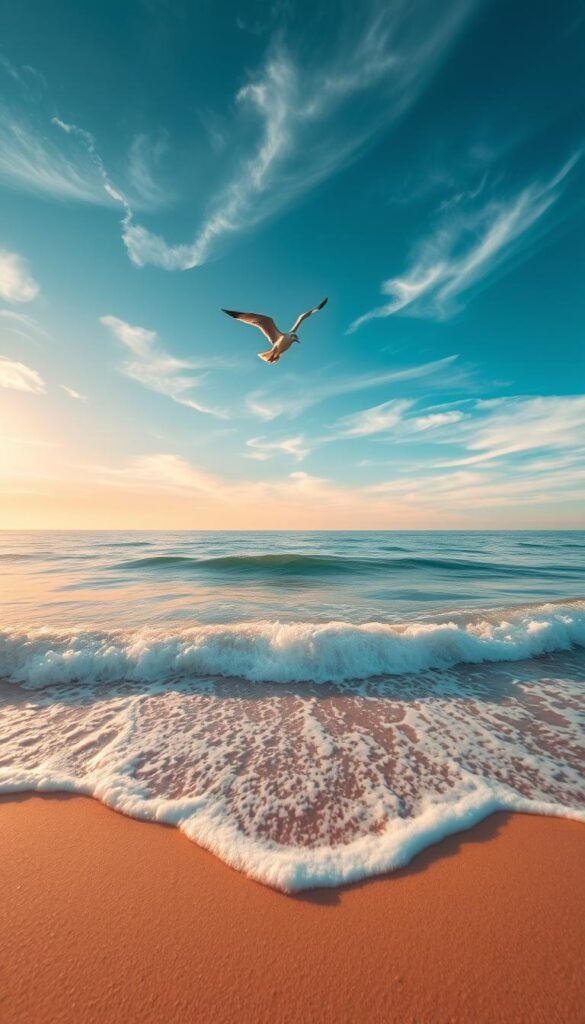 Serene ocean waves gently lapping at a sandy beach, bathed in the warm glow of a setting sun. Wispy cirrus clouds drift across a vibrant azure sky, casting ethereal shadows upon the glistening water. In the foreground, a single seagull soars effortlessly, its graceful movements evoking a sense of tranquility and freedom. The entire scene is imbued with a soft, dreamlike quality, inviting the viewer to become lost in its soothing tranquility. Captured through the lens of a wide-angle, high-resolution camera, this image conveys the profound spiritual connection between the human spirit and the boundless power of the ocean. Serene ocean waves gently lapping at a sandy beach, bathed in the warm glow of a setting sun. Wispy cirrus clouds drift across a vibrant azure sky, casting ethereal shadows upon the glistening water. In the foreground, a single seagull soars effortlessly, its graceful movements evoking a sense of tranquility and freedom. The entire scene is imbued with a soft, dreamlike quality, inviting the viewer to become lost in its soothing tranquility. Captured through the lens of a wide-angle, high-resolution camera, this image conveys the profound spiritual connection between the human spirit and the boundless power of the ocean.