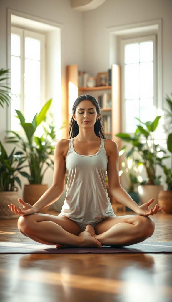 Serene yoga studio in natural light, with a young woman in a lotus pose on a wooden floor, surrounded by lush potted plants and sunlit windows. Soft ambient lighting accentuates the warm tones, creating a calming, meditative atmosphere. The woman's expression radiates inner peace and focus, conveying the mental and physical benefits of the practice. In the background, a bookshelf displays yoga-related literature, further emphasizing the holistic approach to wellness. The overall composition evokes a sense of balance, harmony, and the profound connection between the body and mind. Serene yoga studio in natural light, with a young woman in a lotus pose on a wooden floor, surrounded by lush potted plants and sunlit windows. Soft ambient lighting accentuates the warm tones, creating a calming, meditative atmosphere. The woman's expression radiates inner peace and focus, conveying the mental and physical benefits of the practice. In the background, a bookshelf displays yoga-related literature, further emphasizing the holistic approach to wellness. The overall composition evokes a sense of balance, harmony, and the profound connection between the body and mind.