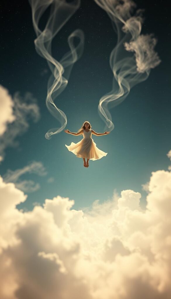 Surreal dreamscape of a person floating effortlessly through the air, with wispy clouds and a starry night sky in the background. Soft, diffused lighting illuminates the scene, creating a sense of tranquility and wonder. Subtle wisps of energy or ethereal tendrils emanate from the figure, hinting at the spiritual nature of the experience. The foreground is sharply focused, while the background elements gradually blur, emphasizing the protagonist's detachment from the physical world. The overall composition conveys a sense of serenity, introspection, and the boundless possibilities of the unconscious mind. Surreal dreamscape of a person floating effortlessly through the air, with wispy clouds and a starry night sky in the background. Soft, diffused lighting illuminates the scene, creating a sense of tranquility and wonder. Subtle wisps of energy or ethereal tendrils emanate from the figure, hinting at the spiritual nature of the experience. The foreground is sharply focused, while the background elements gradually blur, emphasizing the protagonist's detachment from the physical world. The overall composition conveys a sense of serenity, introspection, and the boundless possibilities of the unconscious mind.